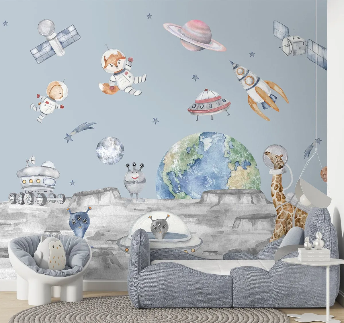 Lets go on a moon walk, Cute kids room wallpaper, Blue