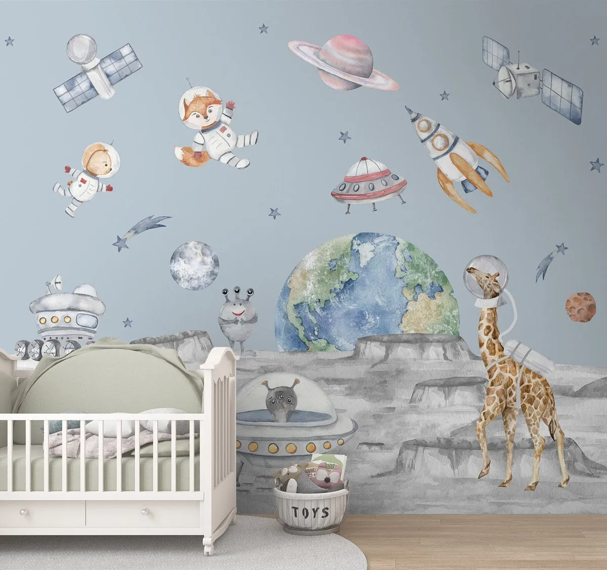 Lets go on a moon walk, Cute kids room wallpaper, Blue