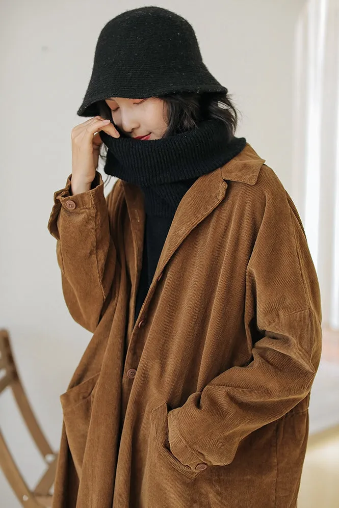 Long Winter Coats for Women, Corduroy Trench, Loose Casual Warm Overcoat