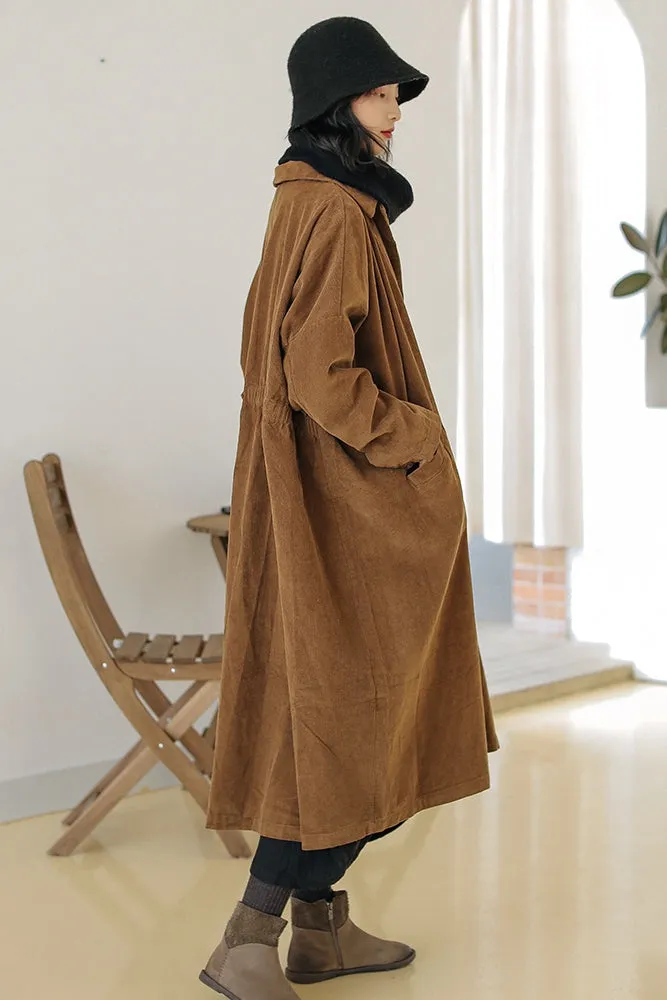 Long Winter Coats for Women, Corduroy Trench, Loose Casual Warm Overcoat