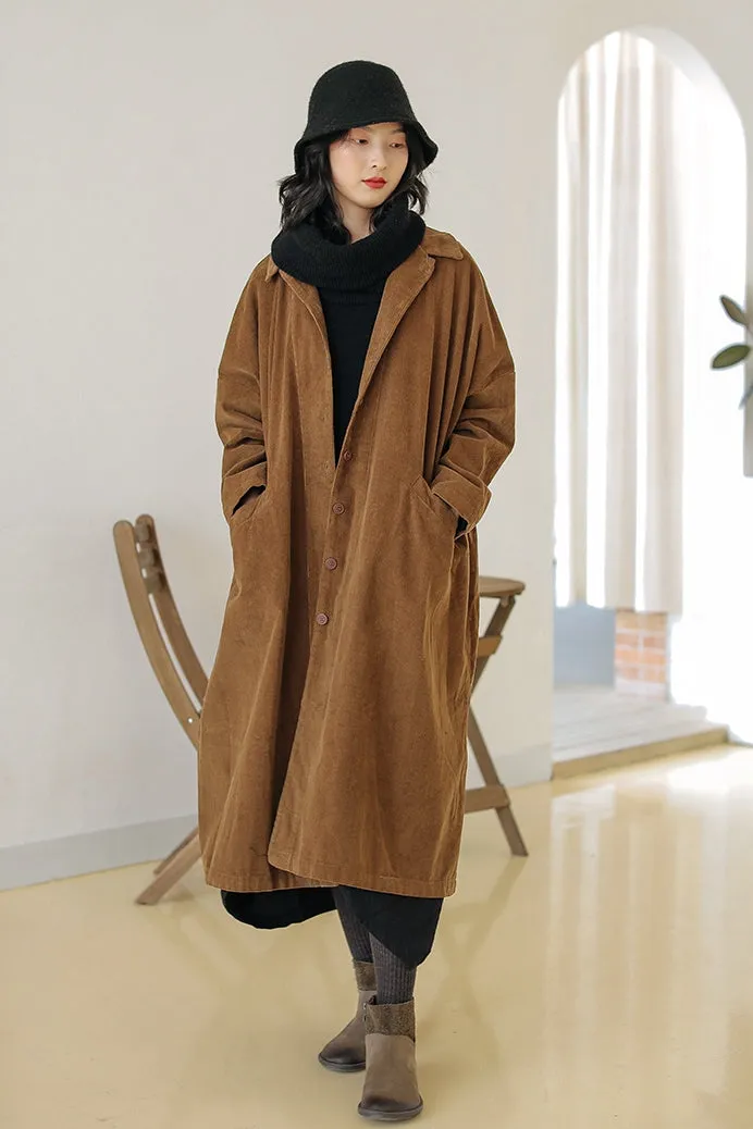 Long Winter Coats for Women, Corduroy Trench, Loose Casual Warm Overcoat