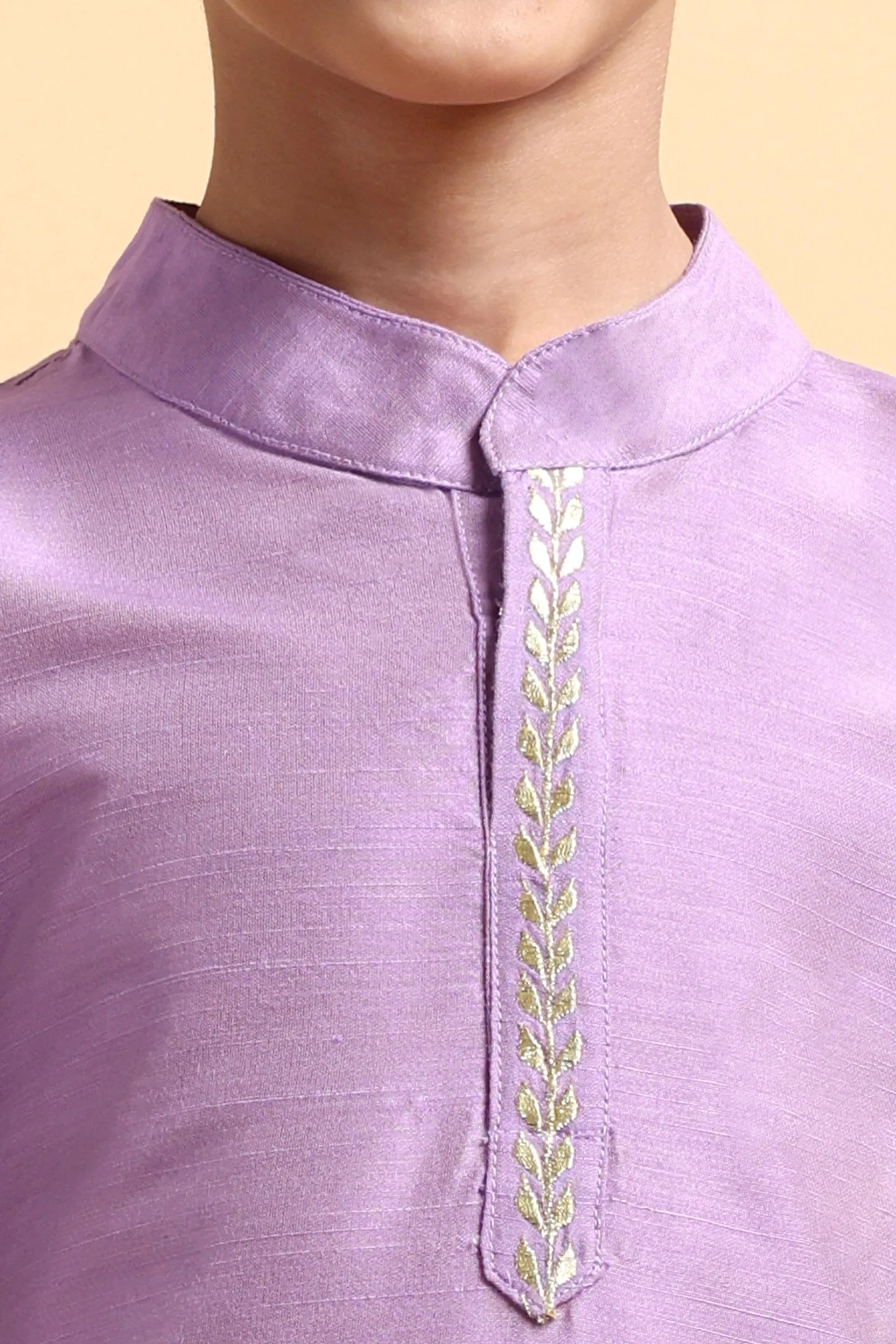 Mauve Embroidery Cotton Silk Kurta & Pajama Set