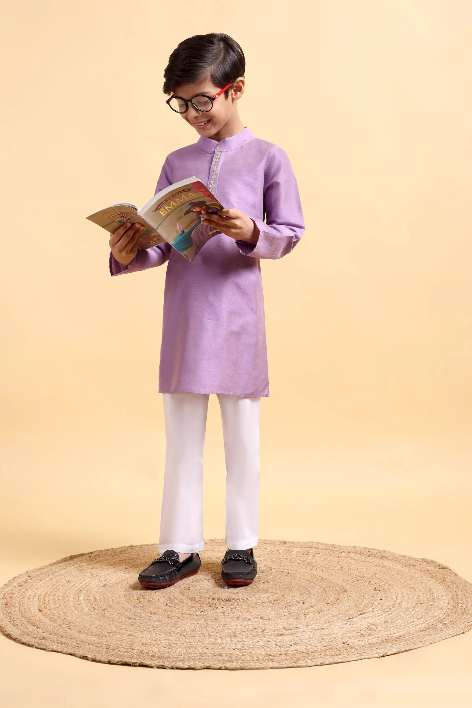 Mauve Embroidery Cotton Silk Kurta & Pajama Set