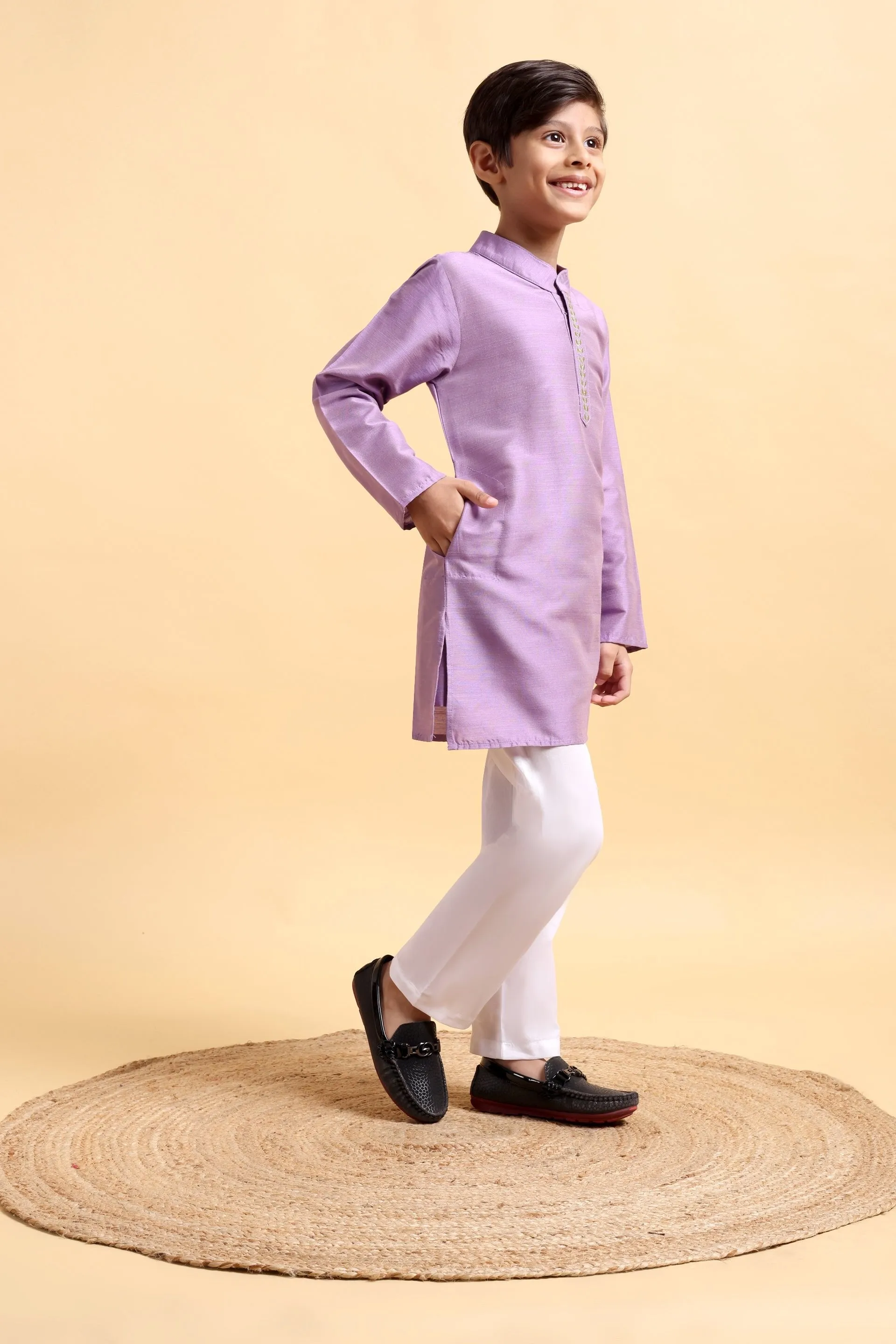 Mauve Embroidery Cotton Silk Kurta & Pajama Set