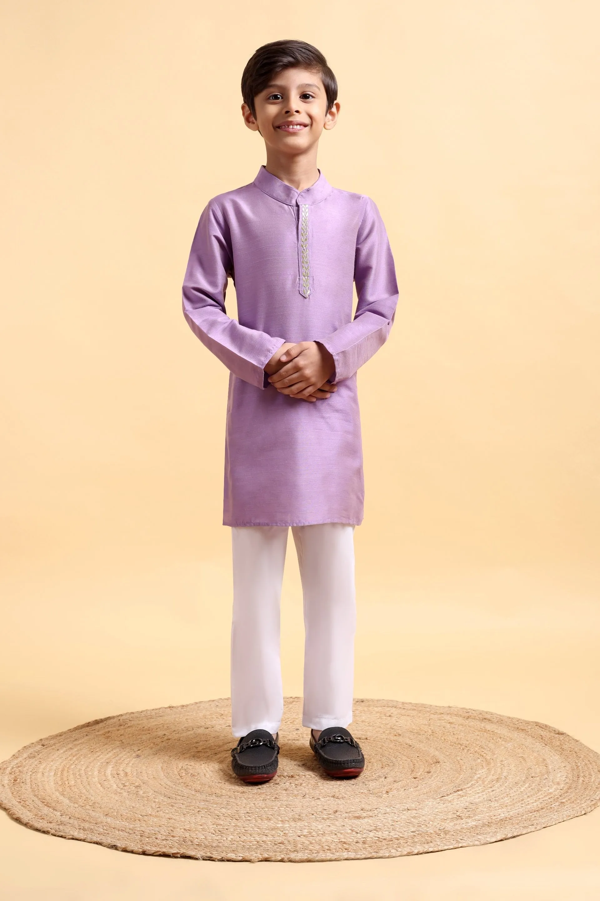 Mauve Embroidery Cotton Silk Kurta & Pajama Set