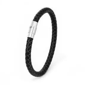 Mens Stainless Steel Woven Black Leatherette Bracelet