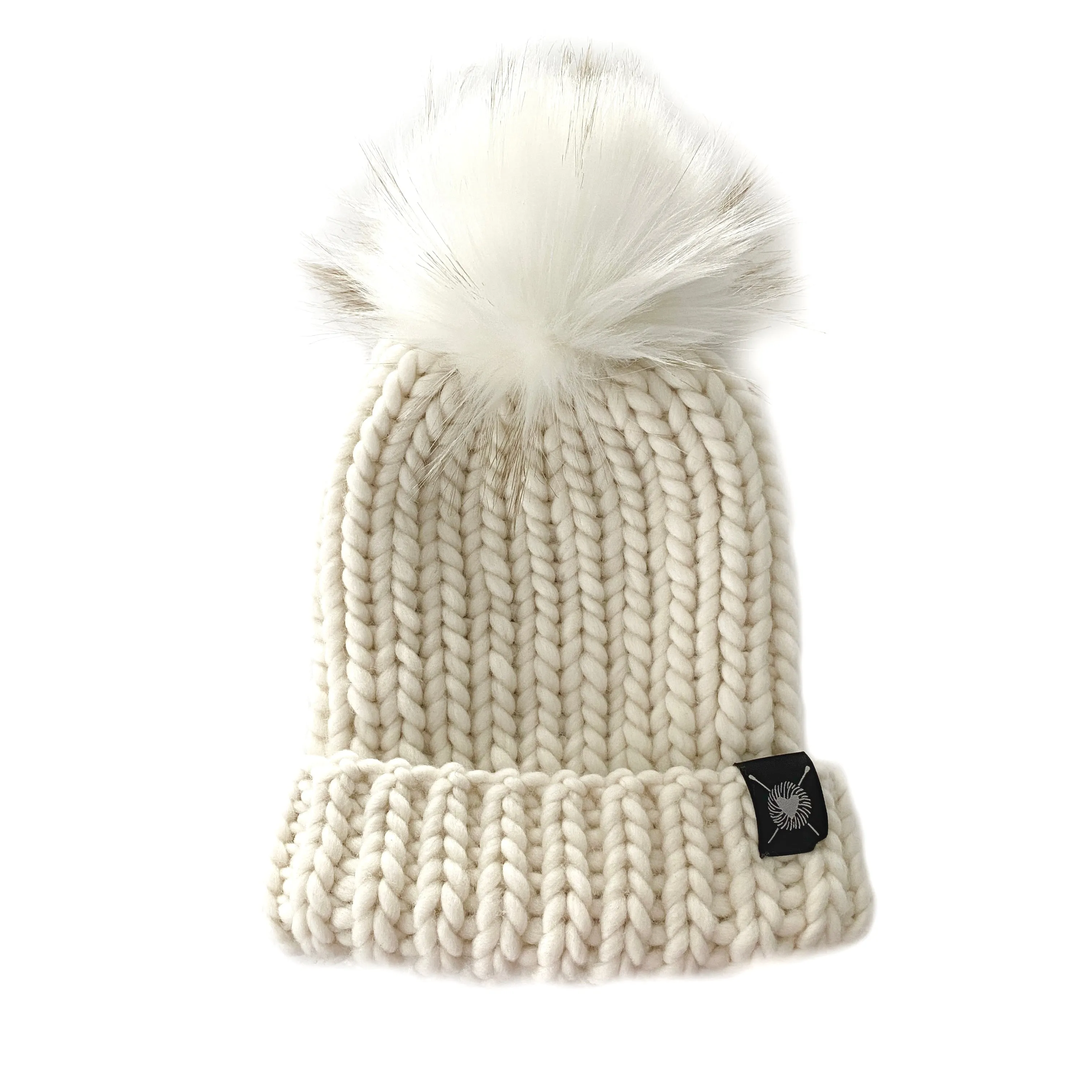 Merino Folded Brim Faux Fur Pom-Pom Beanie in Winter White