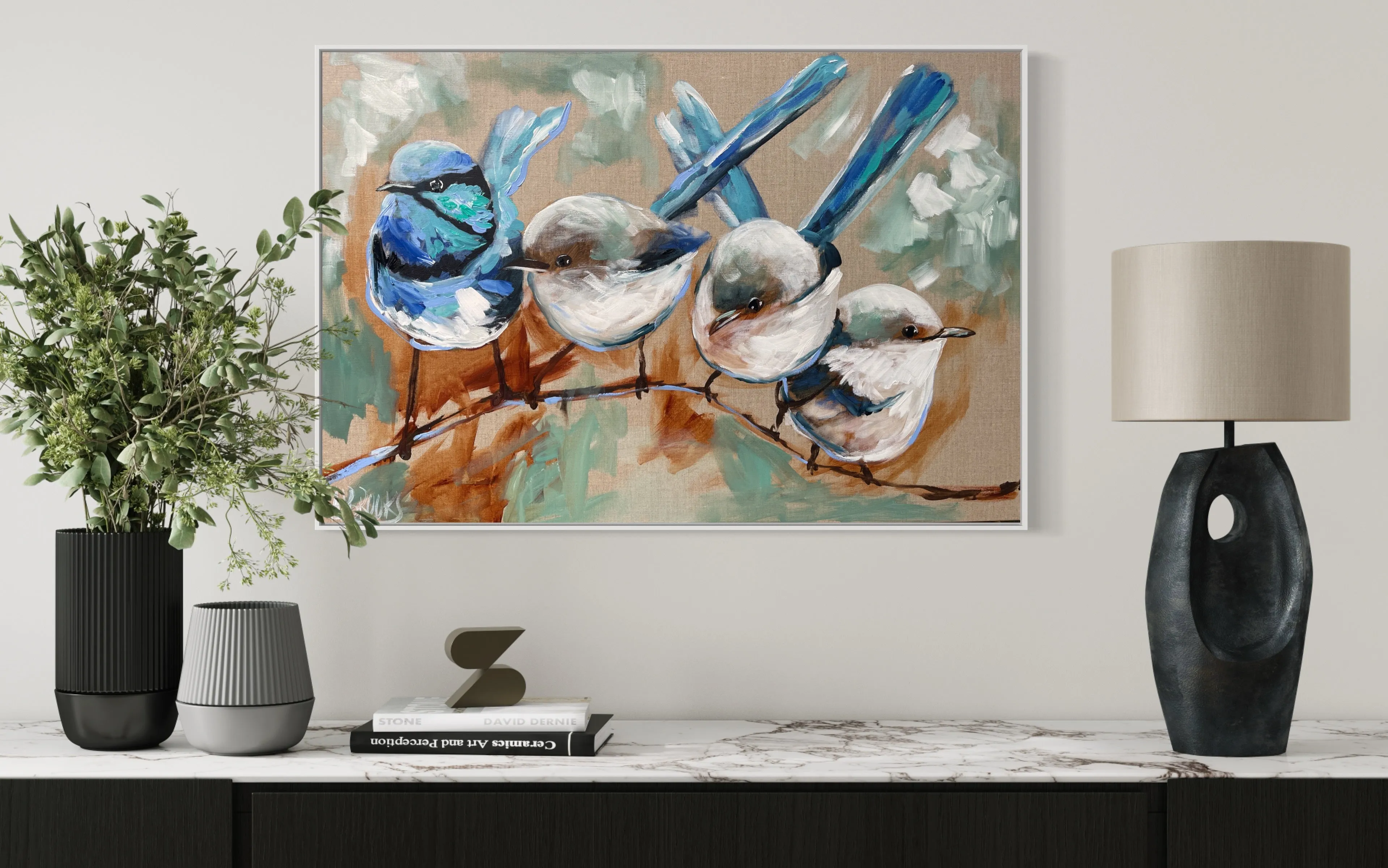 My home , my heart - fairy wren family - 60x90cm - original on Belgian linen