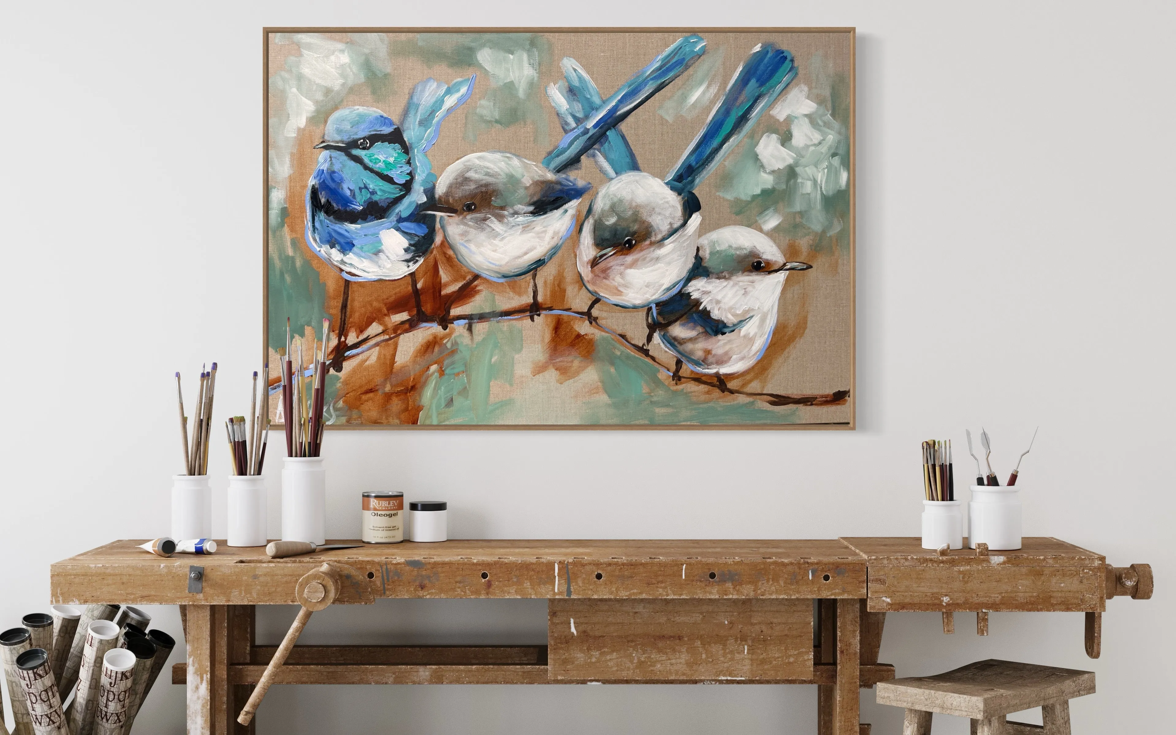 My home , my heart - fairy wren family - 60x90cm - original on Belgian linen