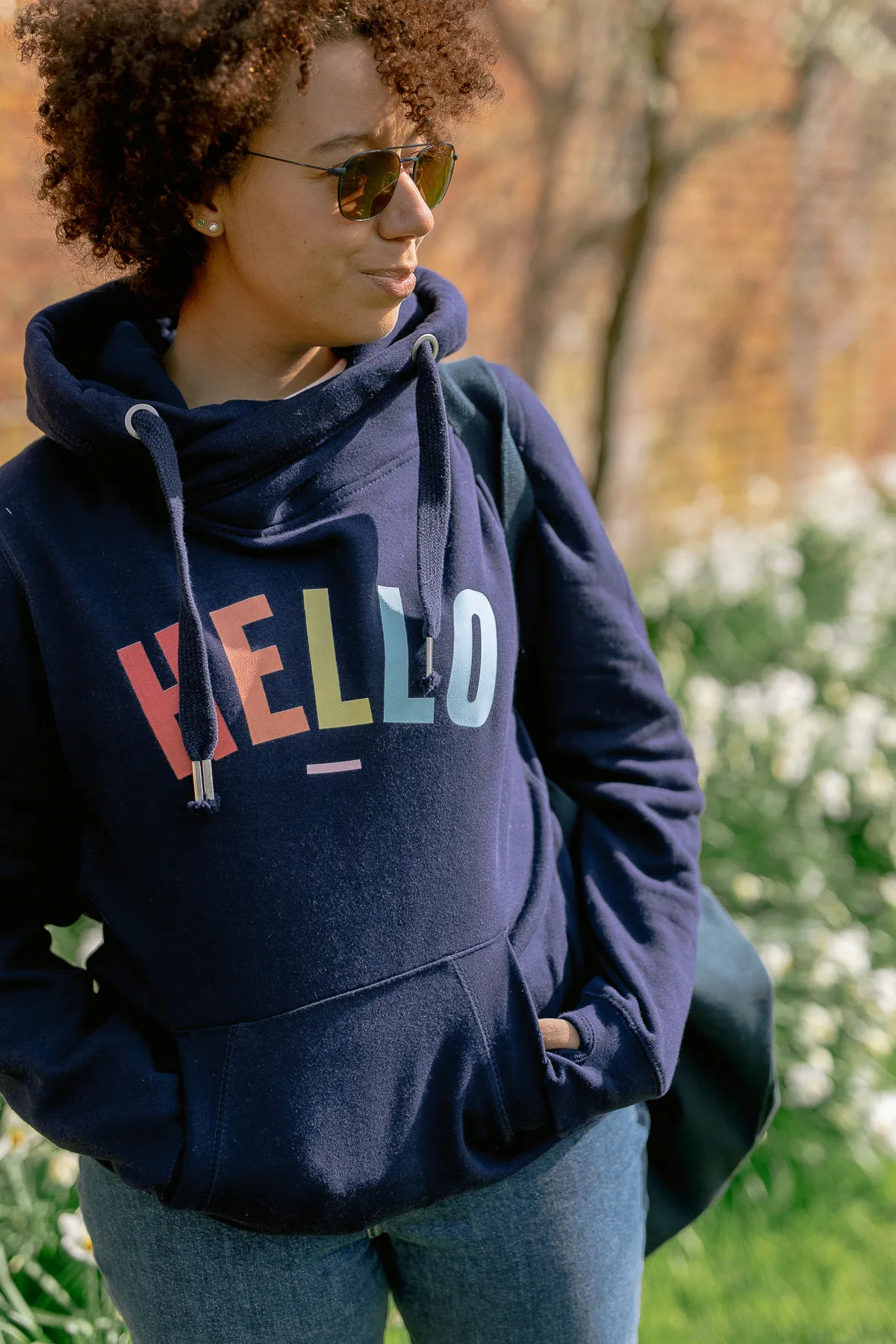 Navy Confetti Hello Cowl Neck Hoodie