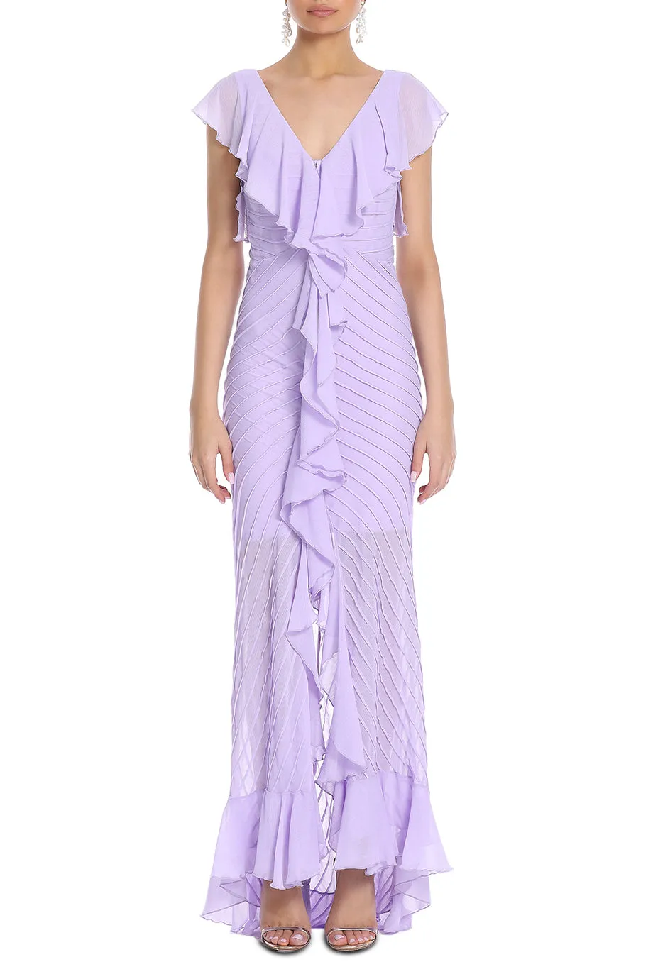 Pintuck Chiffon Ruffled Maxi Dress