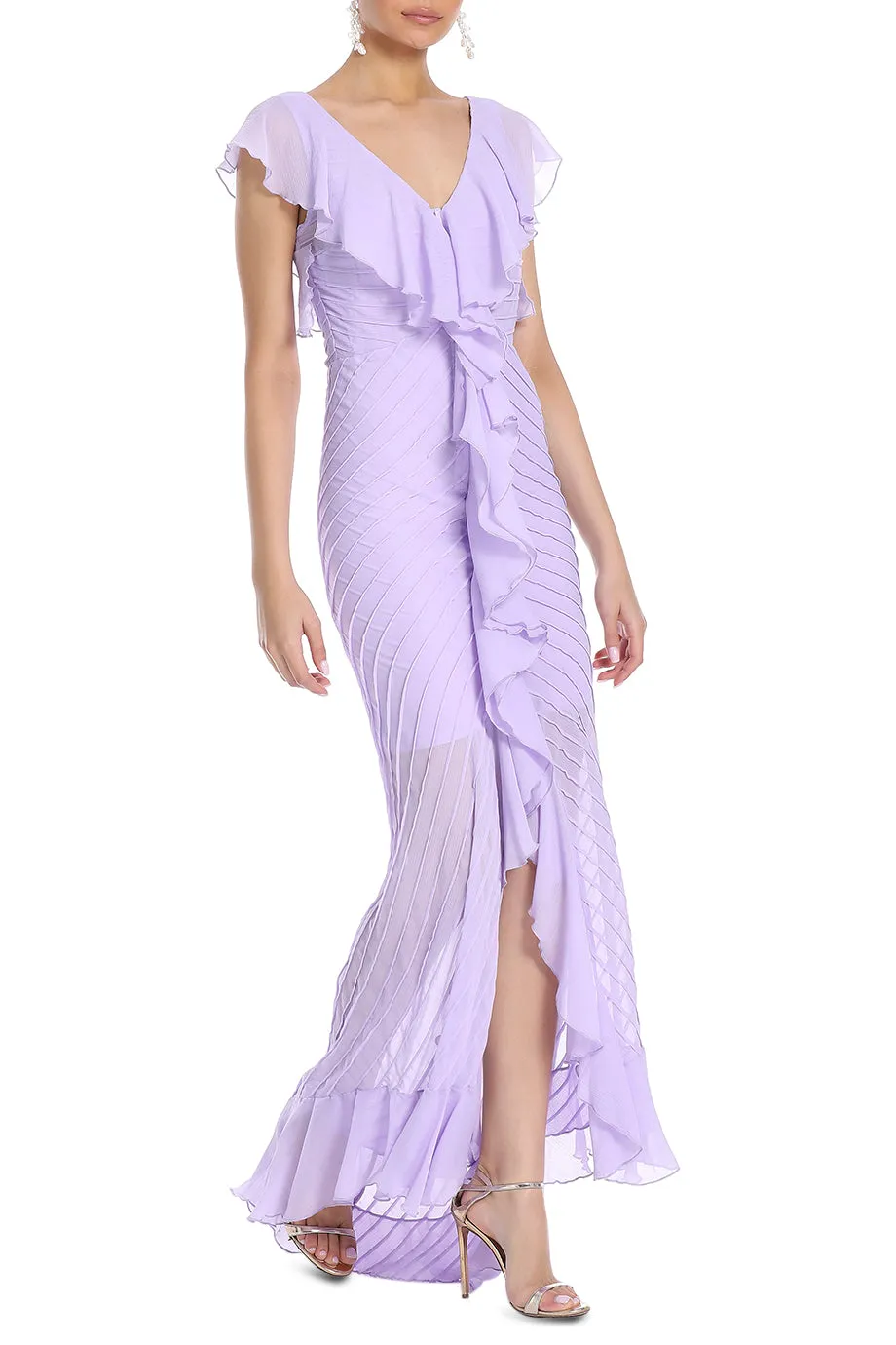 Pintuck Chiffon Ruffled Maxi Dress