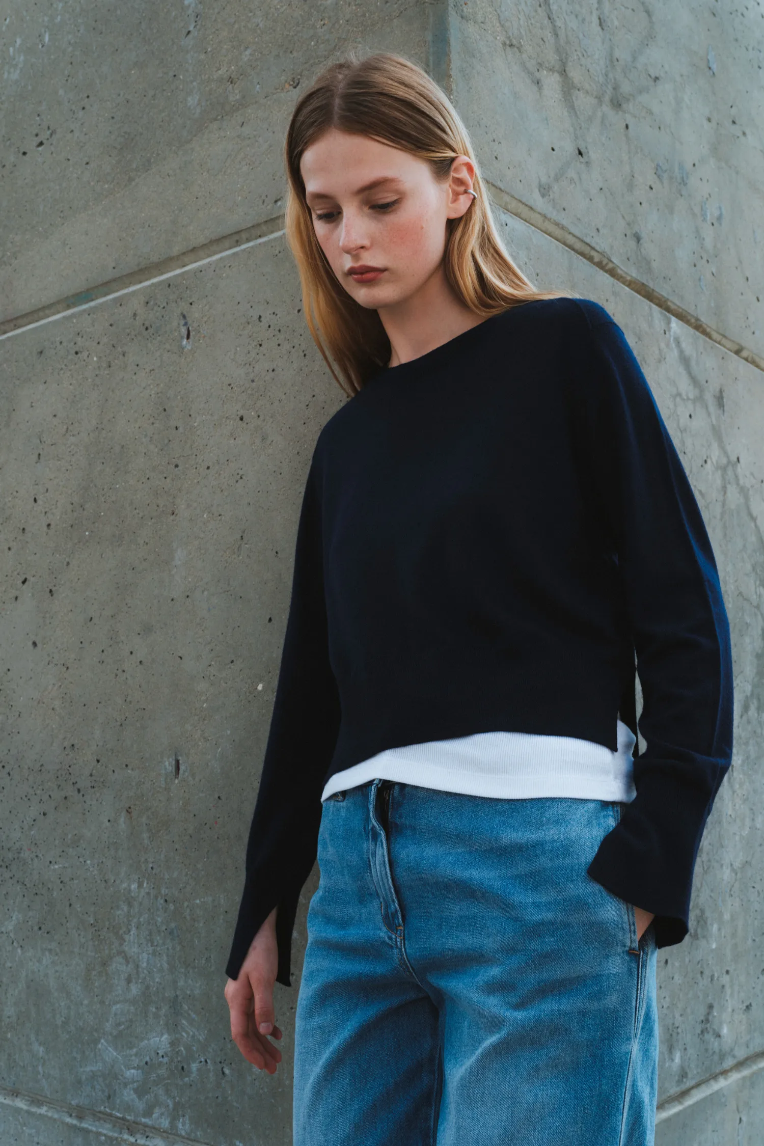 Saint Art Elodie Layered Crewneck Sweater in Navy