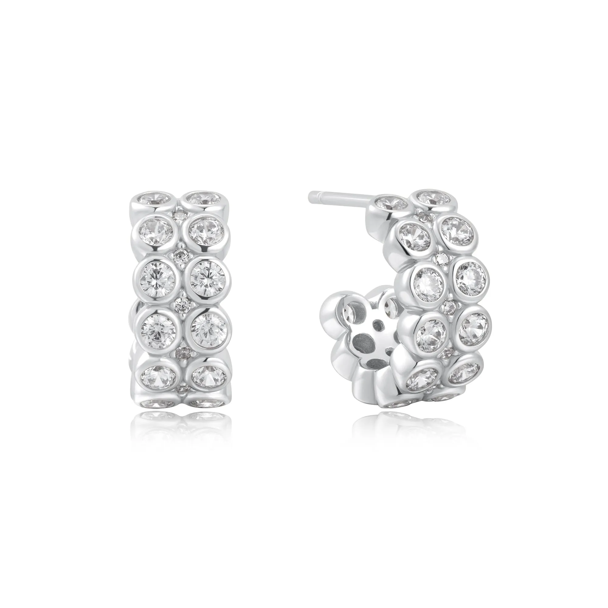 Silver Double Row White Cubic Zirconia  Bezel Set Stud Huggies