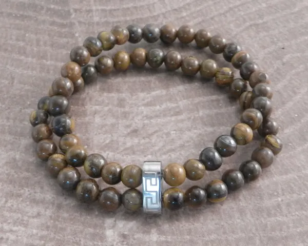 Stone Steel and Black Bead 2row Brown Cat Eye