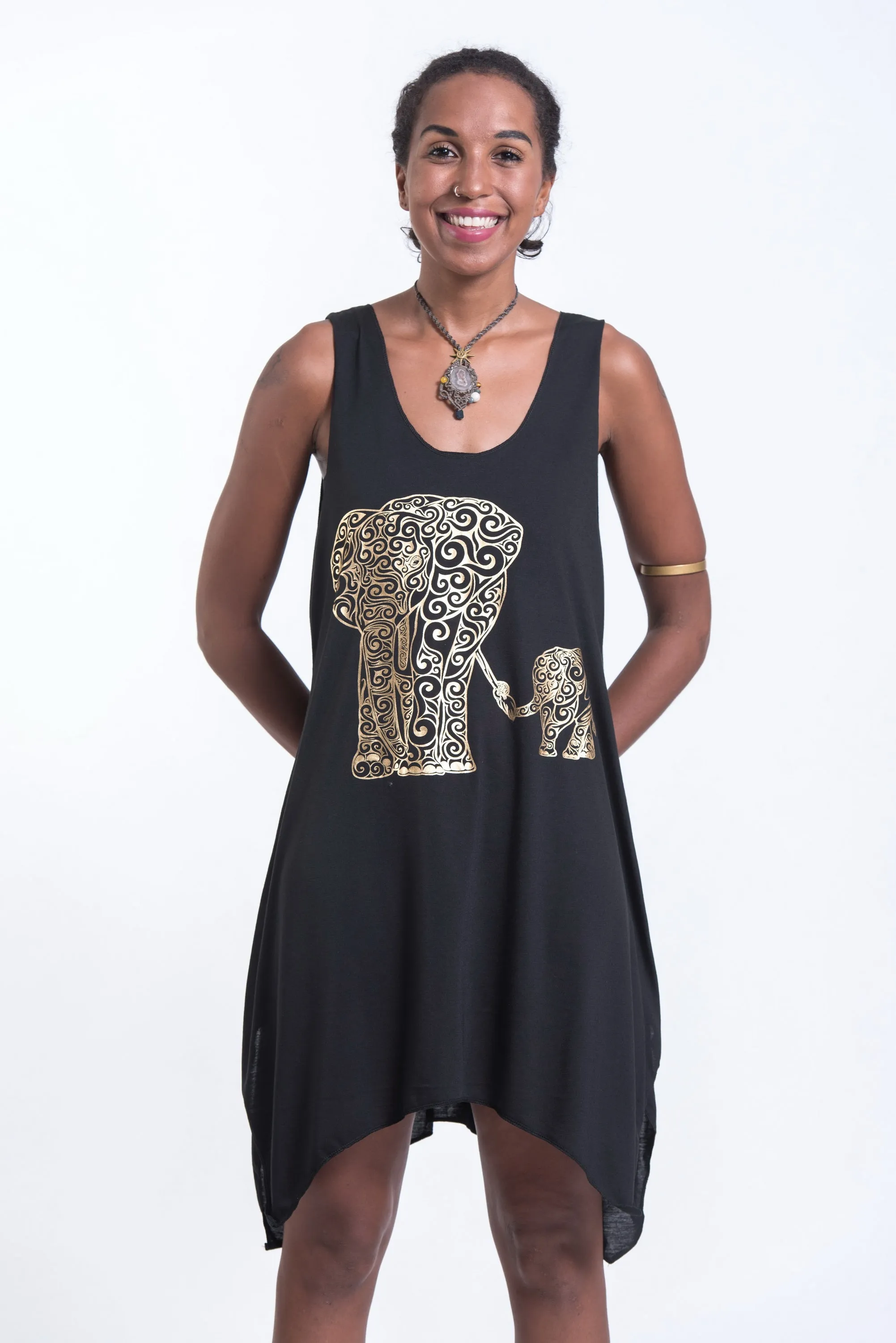 Super Soft Cotton Big Mama Elephant Tank Dress Gold on Black