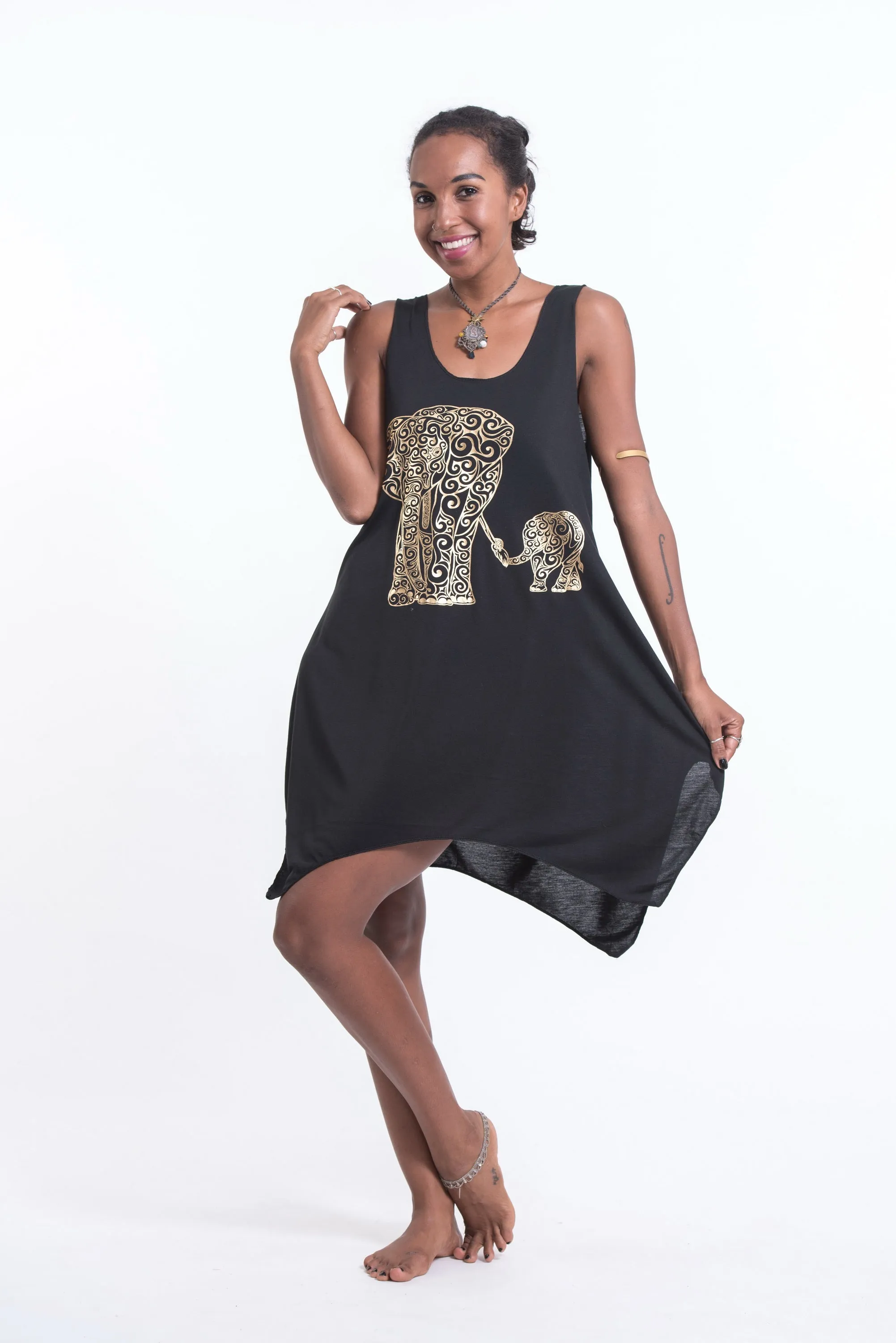 Super Soft Cotton Big Mama Elephant Tank Dress Gold on Black