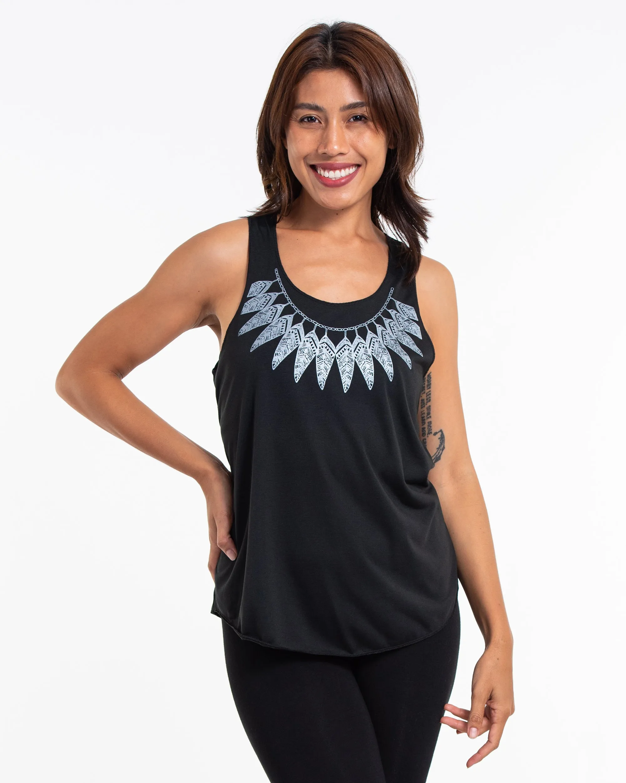 Super Soft Cotton Womens Feather Necklace Tank Top in Black