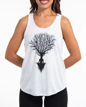 Super Soft Cotton Womens Meditation Tree Tank Top in White