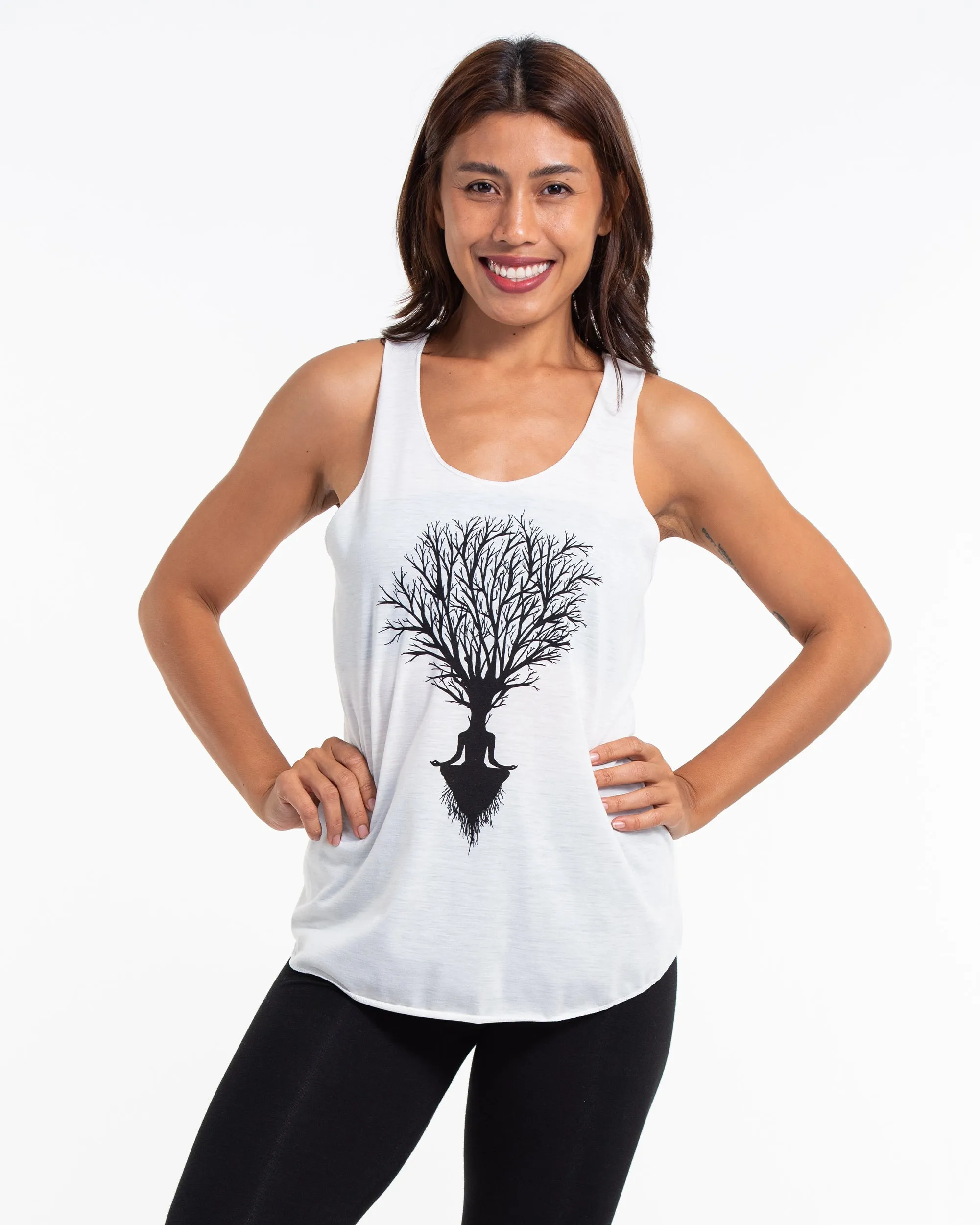 Super Soft Cotton Womens Meditation Tree Tank Top in White