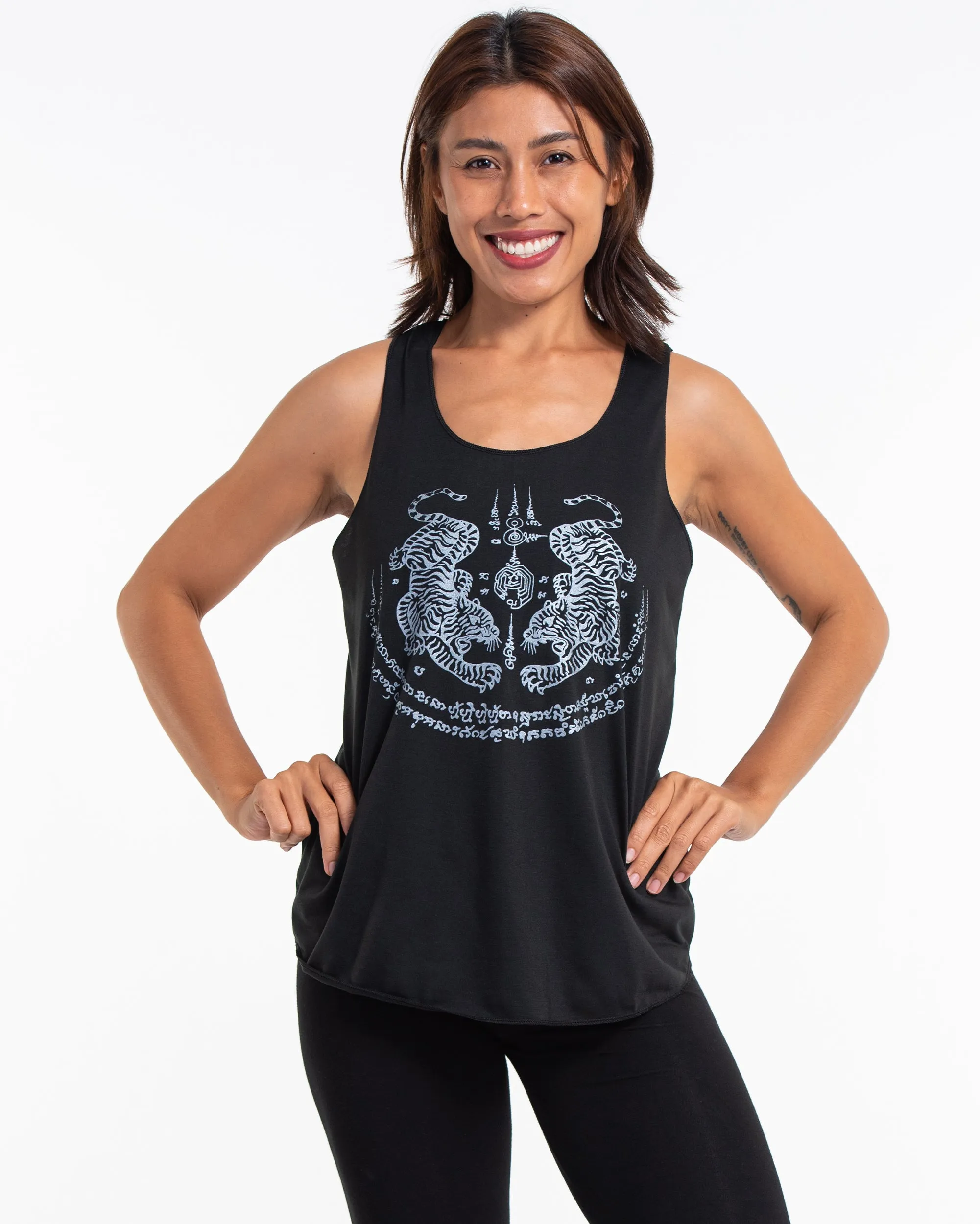 Super Soft Cotton Womens Tiger Tattoo Tank Top in Black