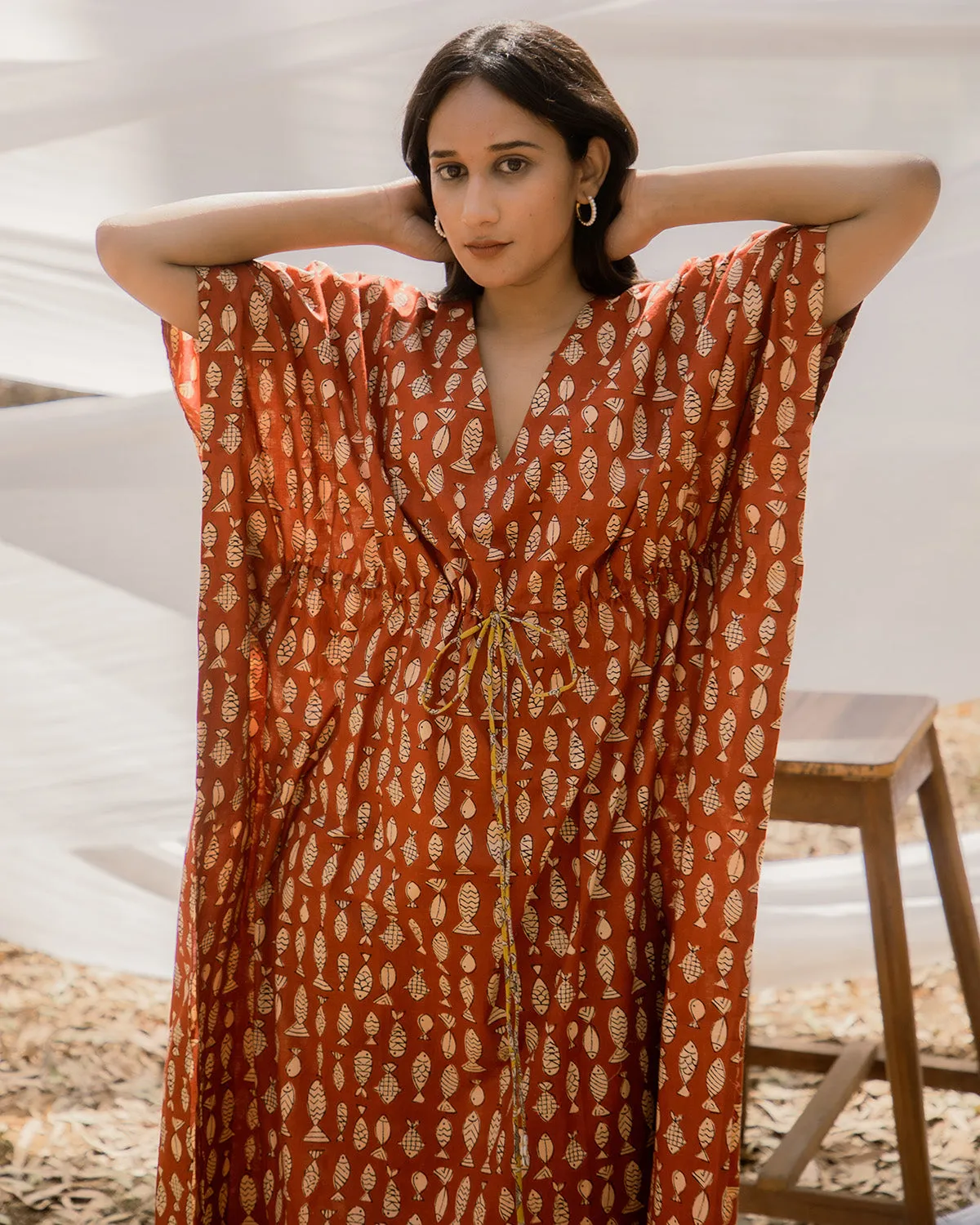 V neck Red Cotton Kaftan