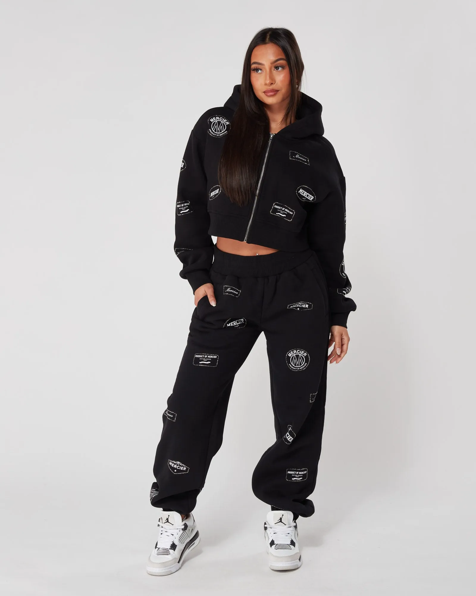 Womens Black Diamante Badge Joggers