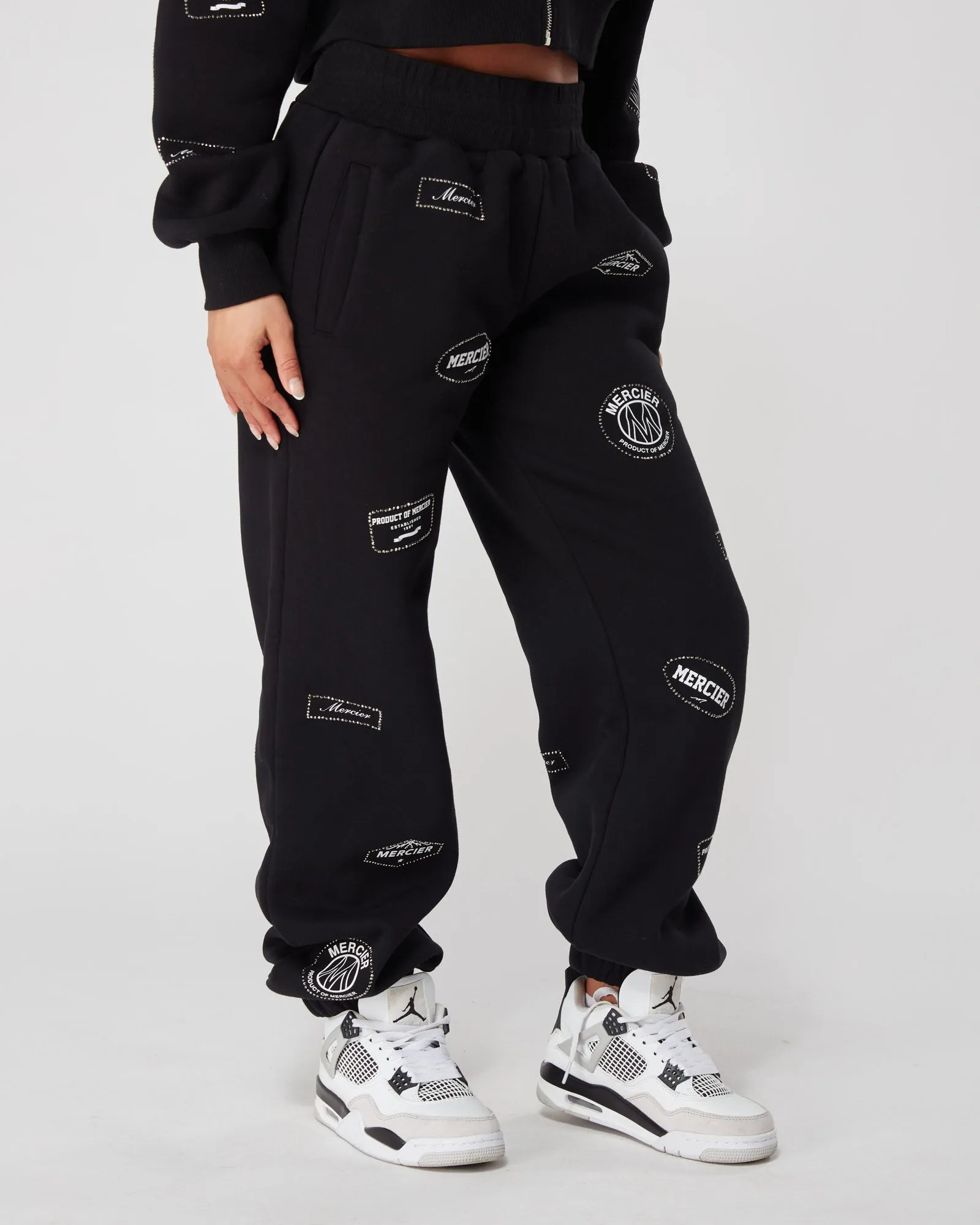 Womens Black Diamante Badge Joggers