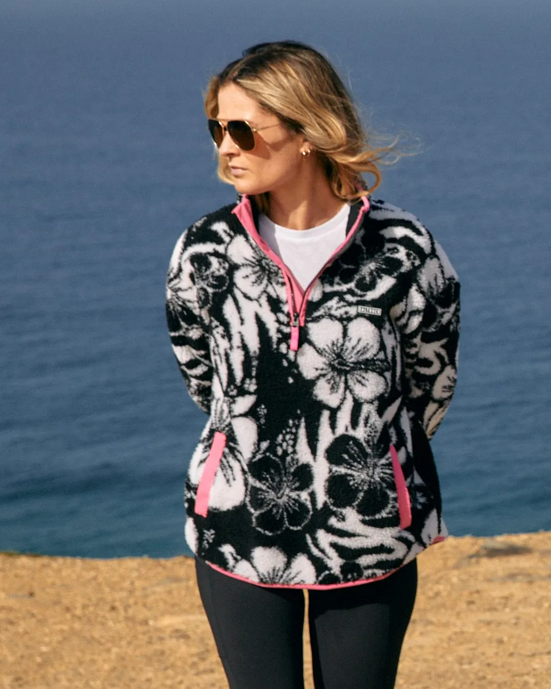 Zella Hibiscus - Womens 1/4 Neck Fleece - Black Floral